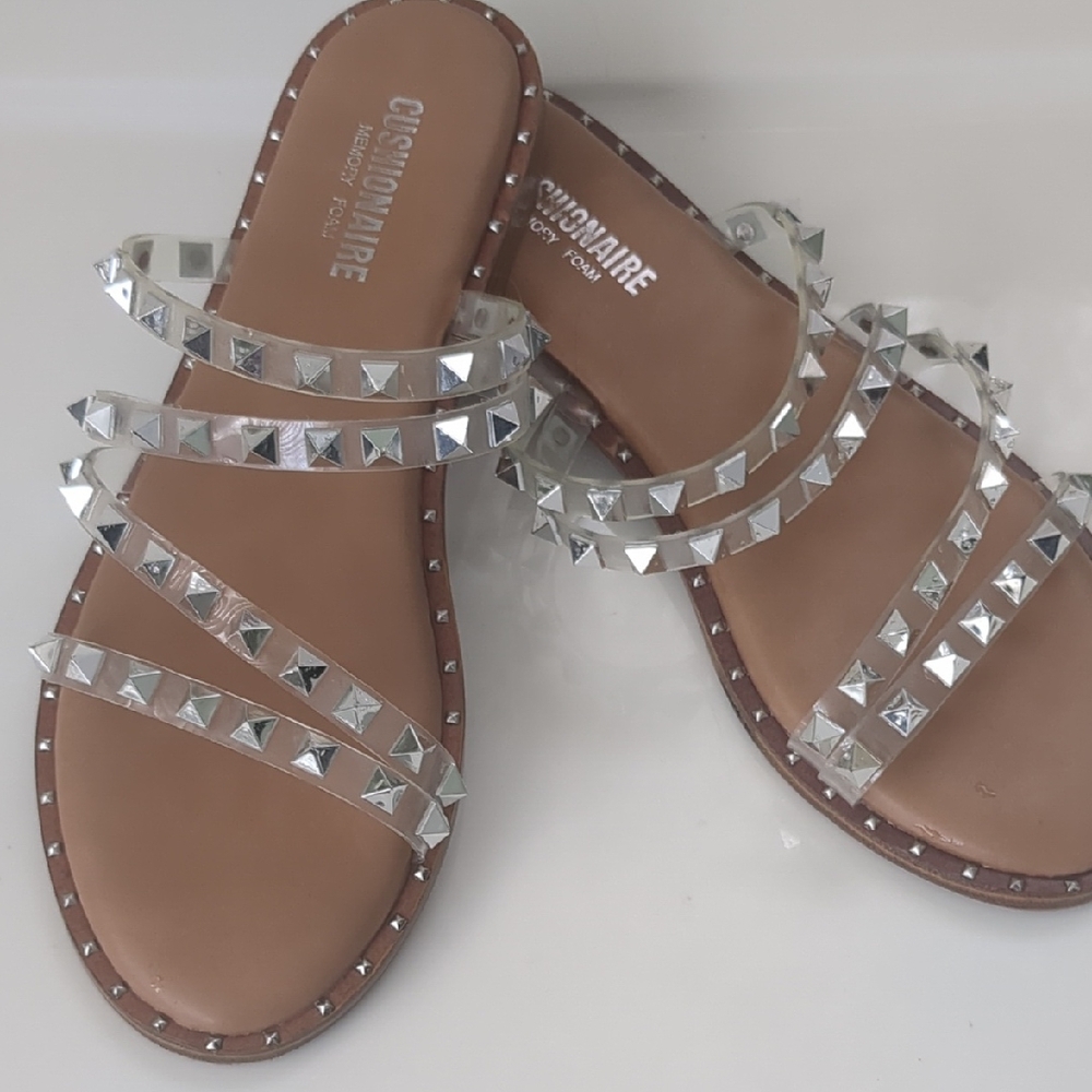 CUSHIONAIRE Women's Clear  Silver Studded Sandals Sz 7.5 Slide Memory Foam Shoes